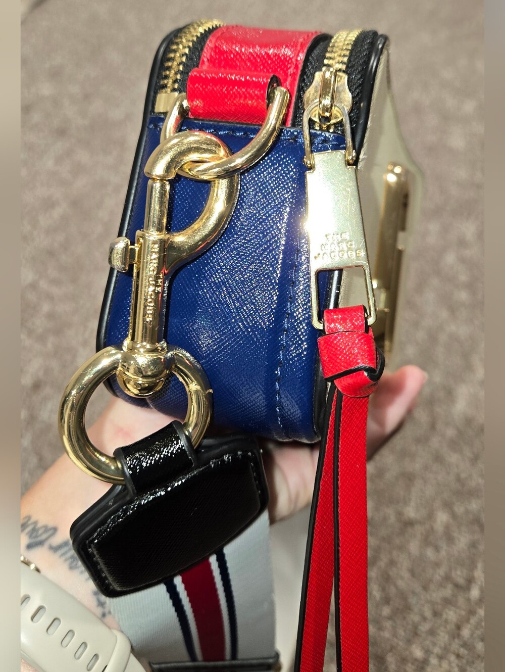 Marc Jacobs Snapshot Bag White Leather Crossbody with Red & Blue Tricolor Strap - Picture 11 of 16